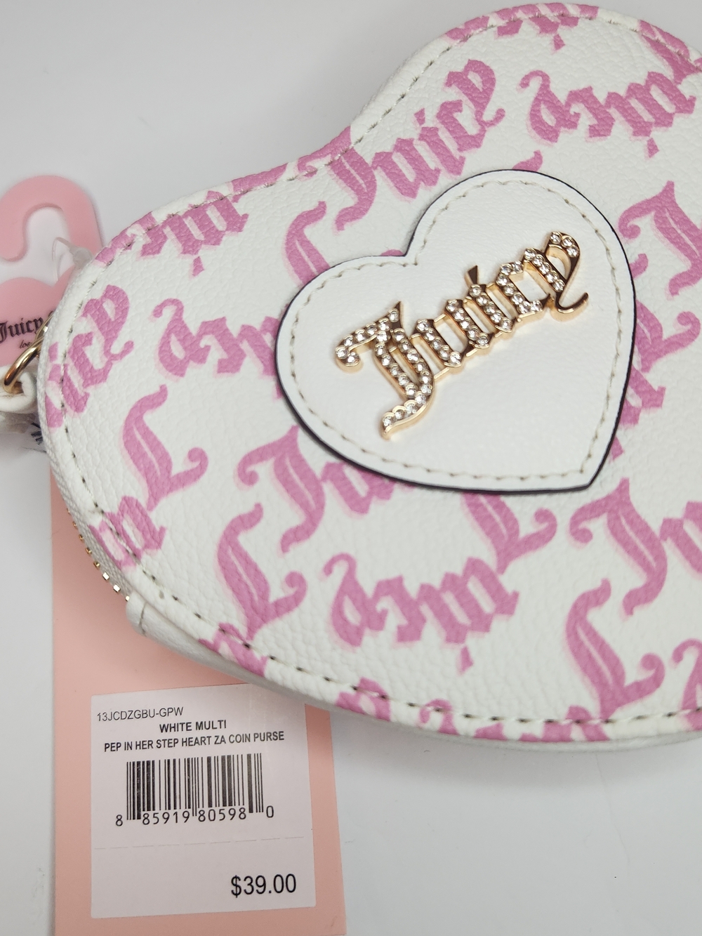 Juicy Couture White & Pink Heart Coin Purse with Gold Logo ONLY! New W Tags